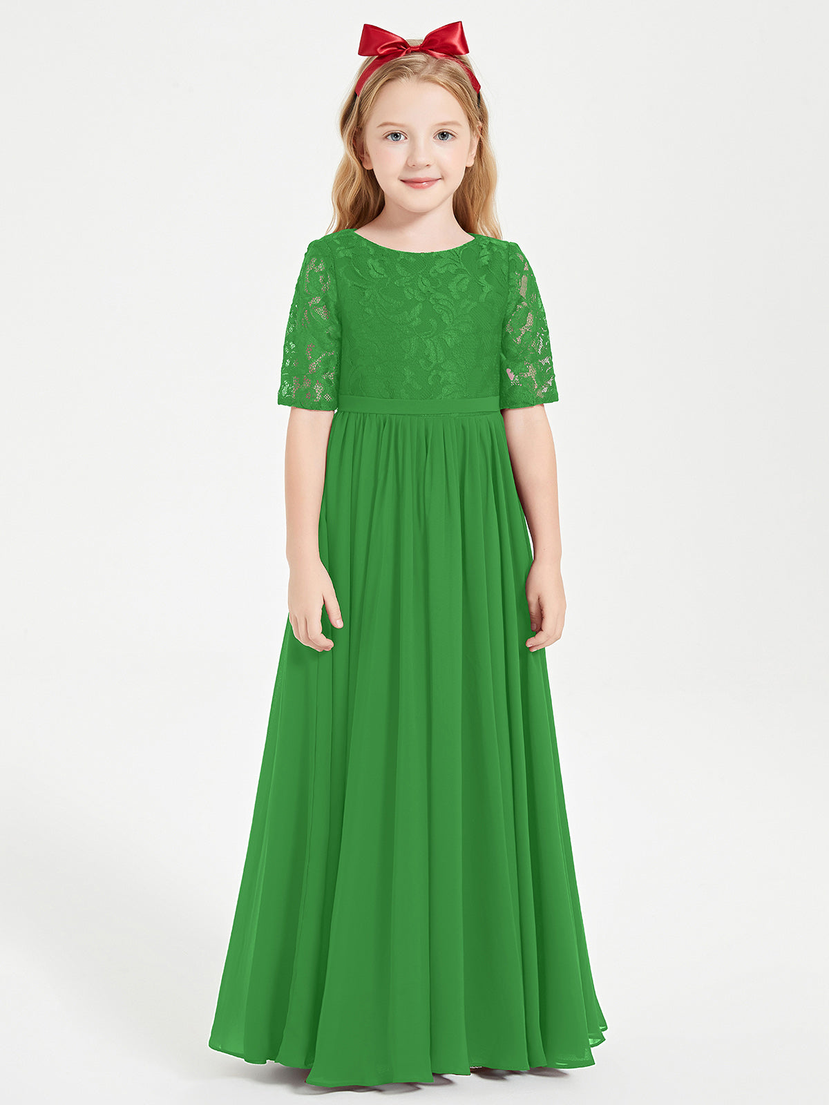 Lace Top Half Sleeved Junior Bridesmaids Dresses Green